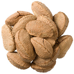 Small heap of Brazil nuts isolated on white background, top view.