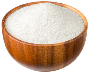 Shredded coconut in the wooden bowl, isolated on white background.