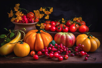 Thanksgiving still life with pumpkins and tomatoes