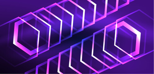 Hexagon abstract background. Techno glowing neon hexagon shapes vector illustration for wallpaper, banner, background, landing page, wall art, invitation, prints, posters