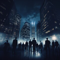 People stand among high-rise buildings at night