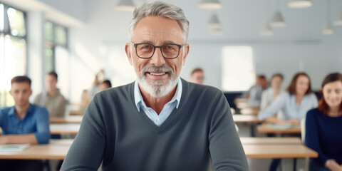 Fototapeta premium adult education mature senior man student sitting in classroom smiling enjoying class concept of elderly education studying. generative ai