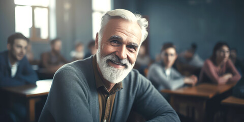 Obraz premium adult education mature senior man student sitting in classroom smiling enjoying class concept of elderly education studying. generative ai
