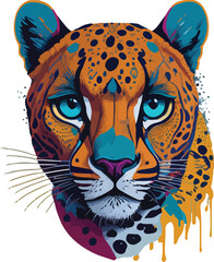 Colorful cheetah face vibrant bold vivid colors t-shirt design vector illustrations. Splatter-spotted cheetah speedster - obrazy, fototapety, plakaty