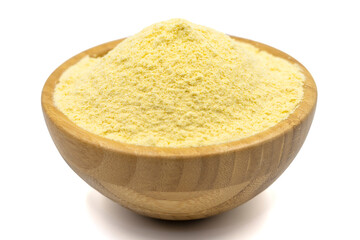 Corn flour isolated on white background. Cornmeal in wooden bowl. close up