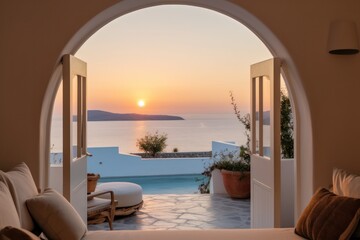 Fototapeta na wymiar Interior Design of a Luxurious Greek Island Villa. Close-Up of chairs and sofa on a terrace with a Stunning Sea Sunset View