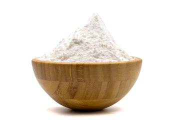 Wheat starch isolated on white background. Wheat starch in wooden bowl. close up