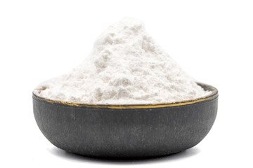 Wheat starch isolated on white background. Wheat starch in bowl. close up