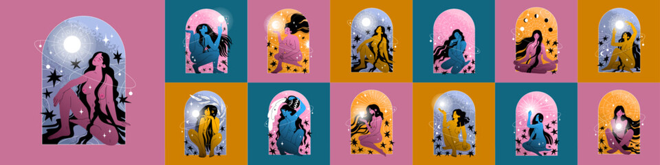 Set with 12 naked girls with long black hair sits surrounded by stars and zodiac signs. Design for tarot cards or astrological resources. Women's naturalness. Vector illustration in flat style.