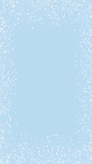 Snowy christmas background. Subtle flying snow flakes and stars on light blue winter backdrop. Delicate sweet snowy christmas. Vertical vector illustration.