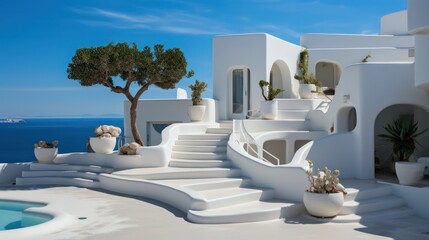 Naklejka premium Exterior design of greek, mediteranean villa. Close up details of stairs, white building and clear skies