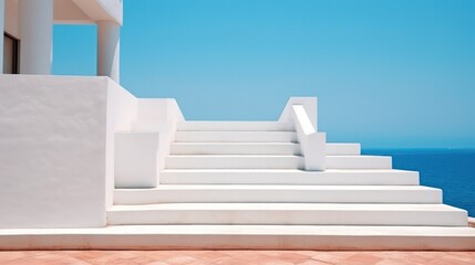 Exterior design of greek, mediteranean villa. Close up details of stairs, white building and clear skies