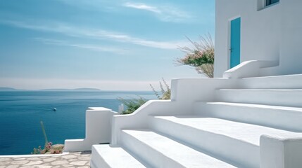 Exterior design of greek, mediteranean villa. Close up details of stairs, white building and clear skies