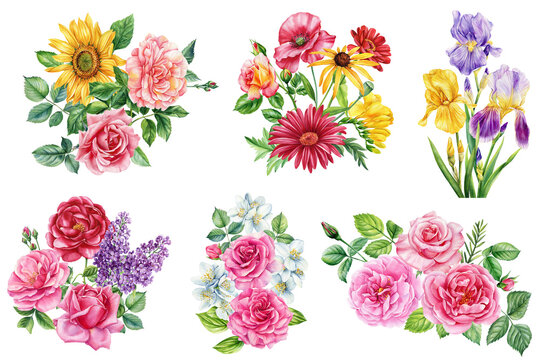 Flower and leaf. Set flowers isolated on white background, watercolor hand drawing lilac, rose, sunflower and jasmine 