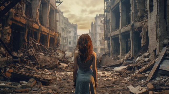 A girl against the backdrop of a ruined city, a war conflict breaks innocent lives, stop inhumanity. AI generated