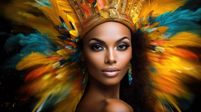 A captivating image of a woman at the Brazilian Carnival, adorned with feathers and jewels, representing the cultural diversity and artistry of the festival. AI generated
