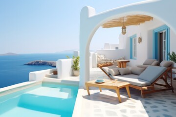 Obraz na płótnie Canvas Luxurious Poolside Living in Oia, Santorini with a Breathtaking Sunset Sea View Seen through Traditional Wooden Doors