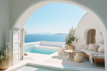 Fototapeta na wymiar Luxurious Poolside Living in Oia, Santorini with a Breathtaking Sunset Sea View Seen through Traditional Wooden Doors