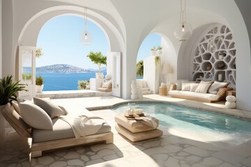 Obraz na płótnie Canvas Luxurious Poolside Living in Oia, Santorini with a Breathtaking Sunset Sea View Seen through Traditional Wooden Doors