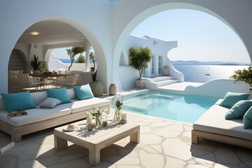 Fototapeta na wymiar Luxurious Poolside Living in Oia, Santorini with a Breathtaking Sunset Sea View Seen through Traditional Wooden Doors