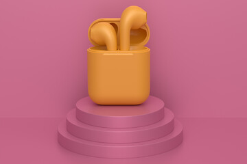 Abstract scene or podium with wireless bluetooth headphones on monochrome