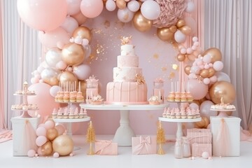 Elements for birthday party and cake, gold and pastel colors, celebration. Generative Ai.