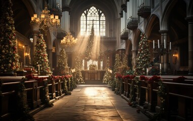 A church interior with Christmas decorations.