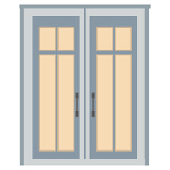 Light double doors with yellow glass windows isolated on white background. Clipart.