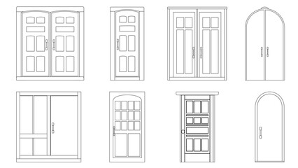 Set of doors in outline style isolated on white background. Clipart.