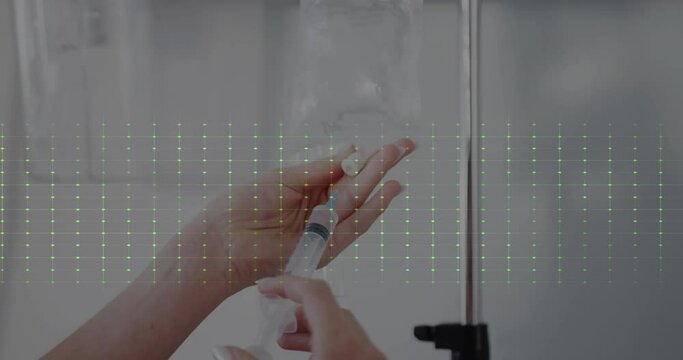 Animation of cardiograph over caucasian nurse preparing drip
