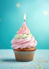 One birthday cupcake on pastel background for celebration. Generative Ai.