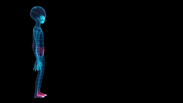 3D Alien Scan with copy space on black bg. Green Man Extra Terrestrial life-form. UFO concept. For title, text, presentation. Alien scan. 3d animation 60 FPS