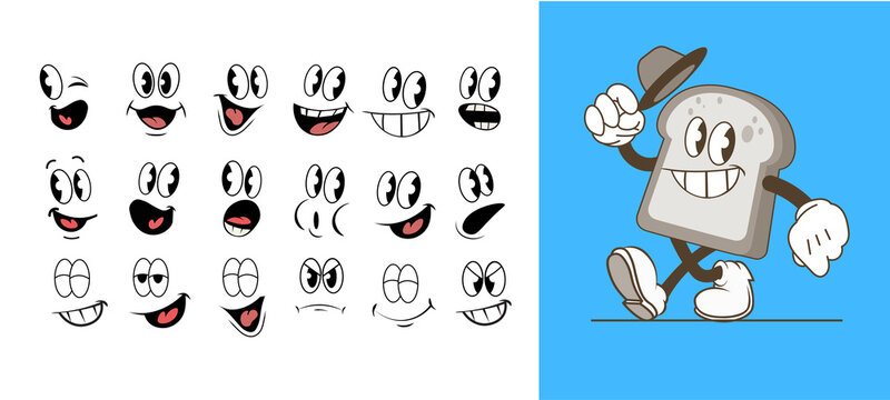 Set of 1930s vintage cartoon mascot face with different expression 
