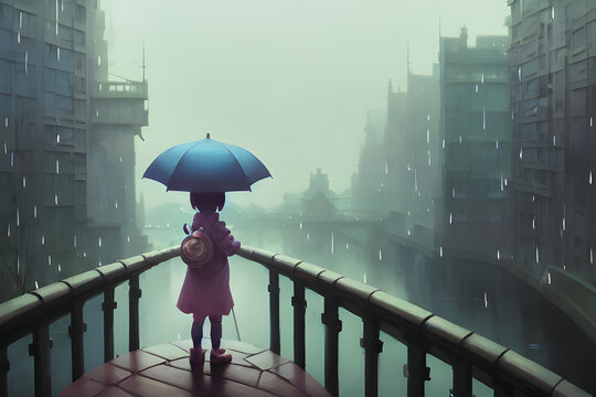 A child with an umbrella looking down from a bridge on a rainy day. Generative AI