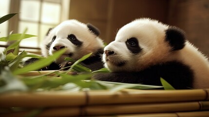 Fototapeta premium Adorable baby pandas capture hearts as they enjoy their favorite meal of bamboo, their playful nibbles and adorable gestures adding to the endearing nature of these beloved animals. Generated by AI.