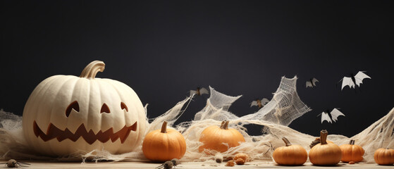 Obraz na płótnie Canvas Halloween theme banner with group of Jack O Lantern pumpkin on isolate background. Generative AI
