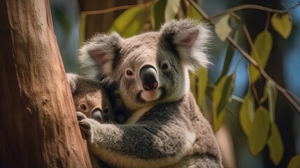 Fototapeta premium Cuddly koalas as they snuggle up in the embrace of eucalyptus trees. With their fluffy fur and peaceful expressions. Generated by AI.