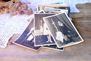 old monochrome photographs in sepia color 1940, home archive, concept of family tree, genealogy,...