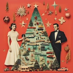 Christmas tree with toys and people on red background. retro collage style.