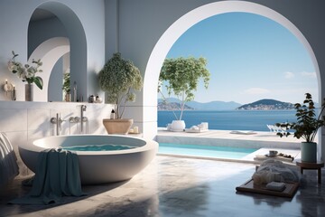 Obraz na płótnie Canvas High-End Bathroom Design in a Mediterranean Villa Showcasing Contemporary Decor, Chic Accessories, and a Stunning Sea View.