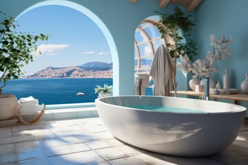 Fototapeta na wymiar High-End Bathroom Design in a Mediterranean Villa Showcasing Contemporary Decor, Chic Accessories, and a Stunning Sea View.