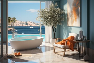 High-End Bathroom Design in a Mediterranean Villa Showcasing Contemporary Decor, Chic Accessories, and a Stunning Sea View.