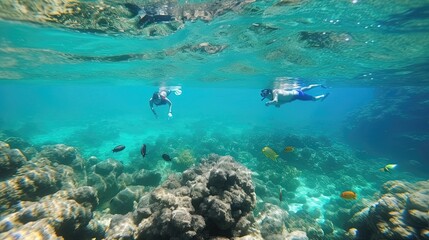 Naklejka na ściany i meble People snorkel in the crystal-clear waters, discovering the vibrant marine life that lies beneath the surface. Laughter and awe fill the air as they encounter colorful coral reefs. Generated by AI.