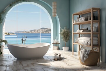 Fototapeta na wymiar High-End Bathroom Design in a Mediterranean Villa Showcasing Contemporary Decor, Chic Accessories, and a Stunning Sea View.