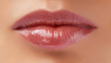 Woman lips skin care. Hydration. Hyaluronic acid. Lip protection balm. Hygienic lipstick - obrazy, fototapety, plakaty