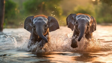 Sweet baby elephants frolicking in the water, their small bodies covered in a thin layer of spray. Generated by AI.
