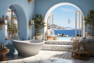 Fototapeta na wymiar Elegant and Spacious Bathroom in a Greek Island Villa with Luxury Design, a freestanding bathtub