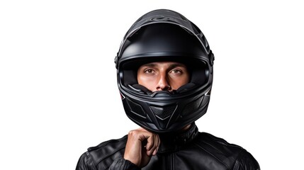 Portrait of a motorcycle rider posing with a black helmet on a white background.
