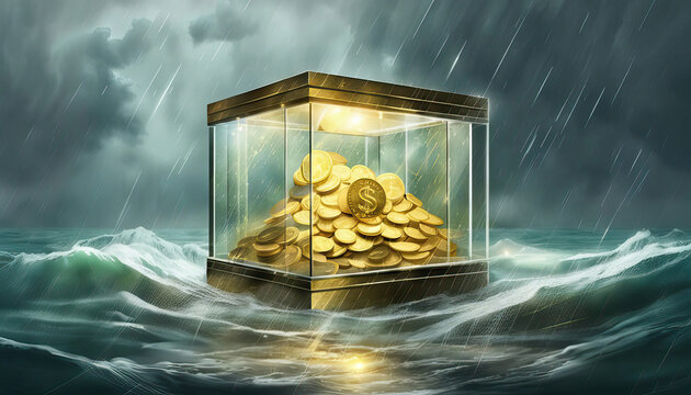 Savings in gold coins protected in a glass vault in a storm on the sea copy space
