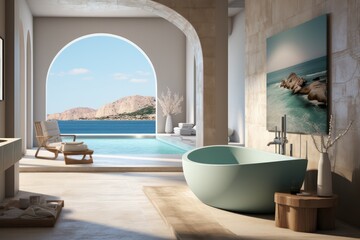 Fototapeta na wymiar Exquisite High-End Bathroom Interior with a Close-Up of a Luxurious Freestanding Tub and Elegant Design